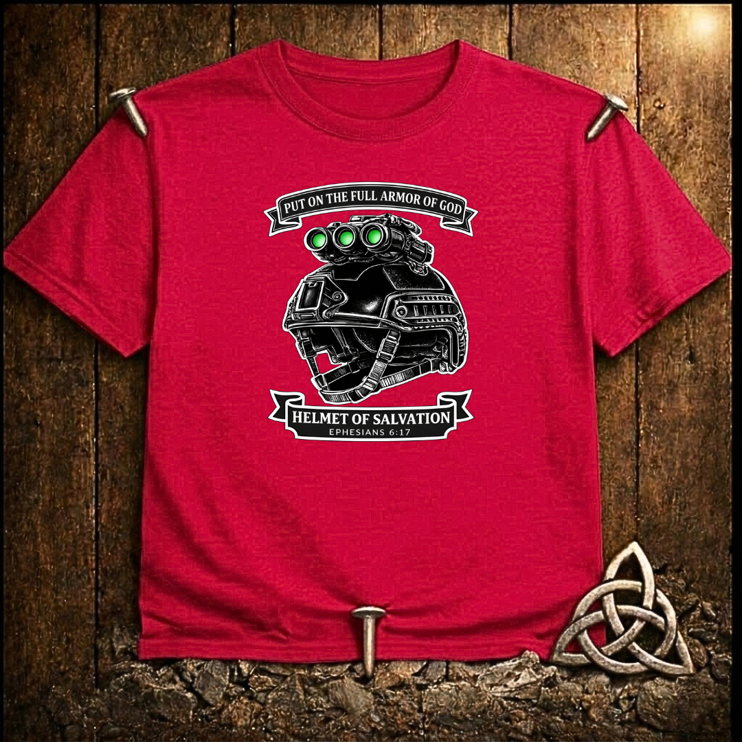 Helmet of Salvation T-Shirt — Christian Military Helmet Design (Ephesians 6:17)