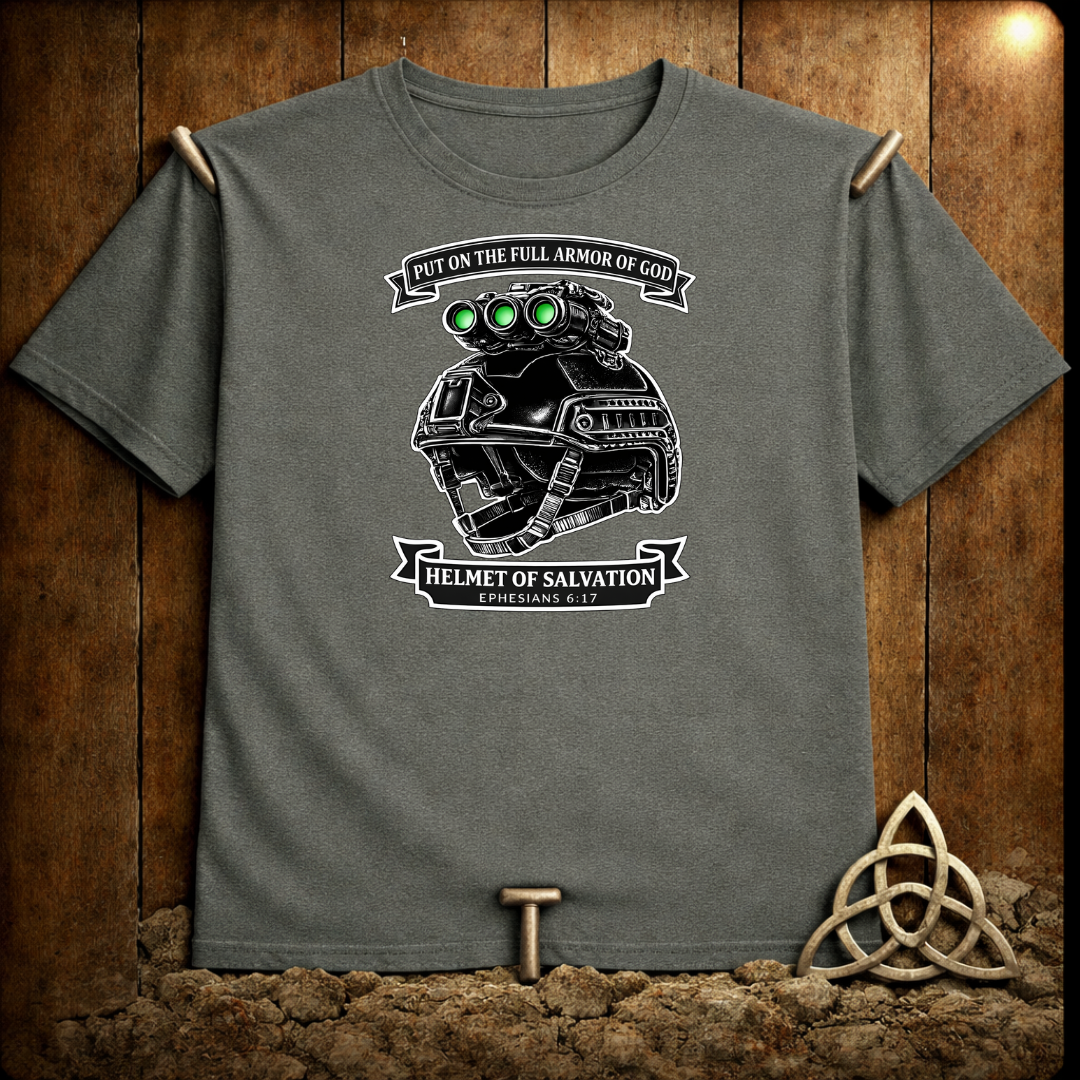 Helmet of Salvation T-Shirt — Christian Military Helmet Design (Ephesians 6:17)