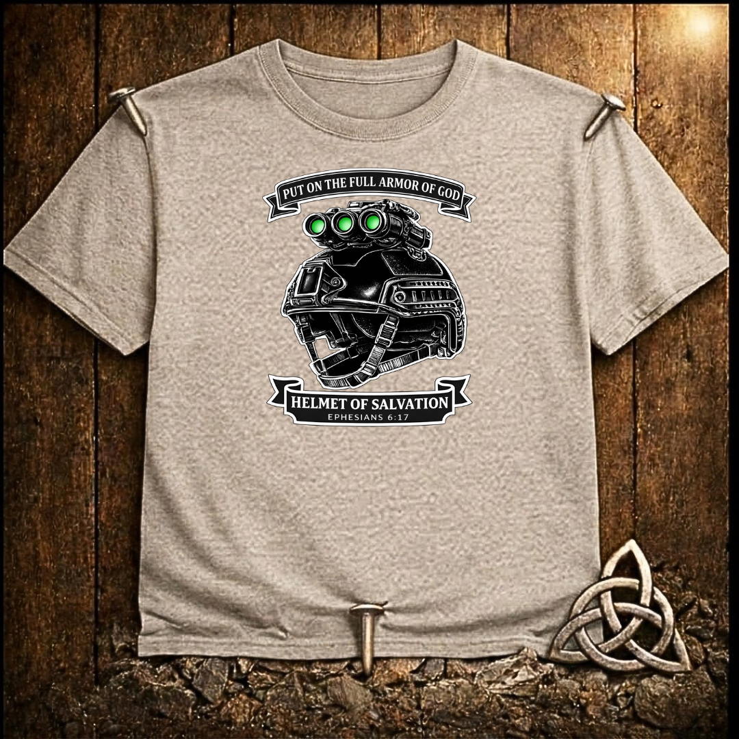 Helmet of Salvation T-Shirt — Christian Military Helmet Design (Ephesians 6:17)