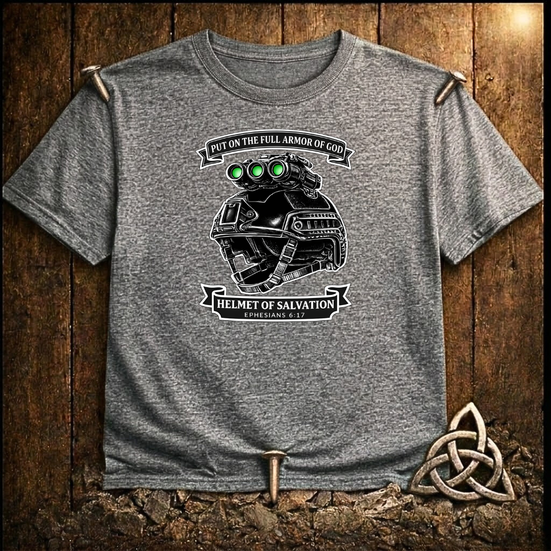 Helmet of Salvation T-Shirt — Christian Military Helmet Design (Ephesians 6:17)